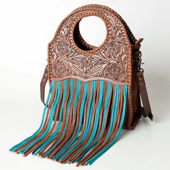 Handbags - Western Bag Genuine Tooled Leather Brown & Teal Handcrafted Fringe Bag Cowgirl 🔥